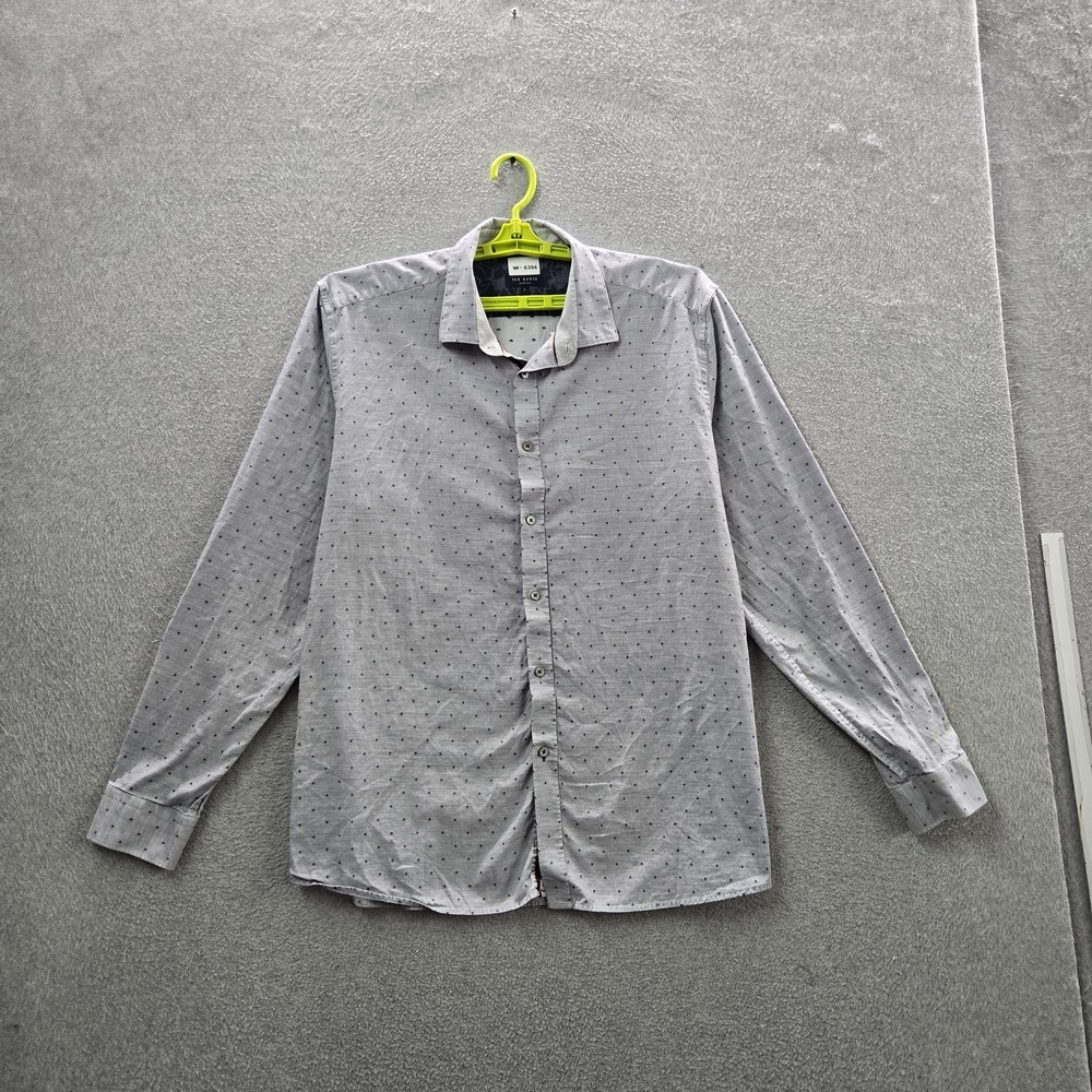 Ted Baker Men Button Up Shirt 7 Gray Polka Dot Long Sleeve